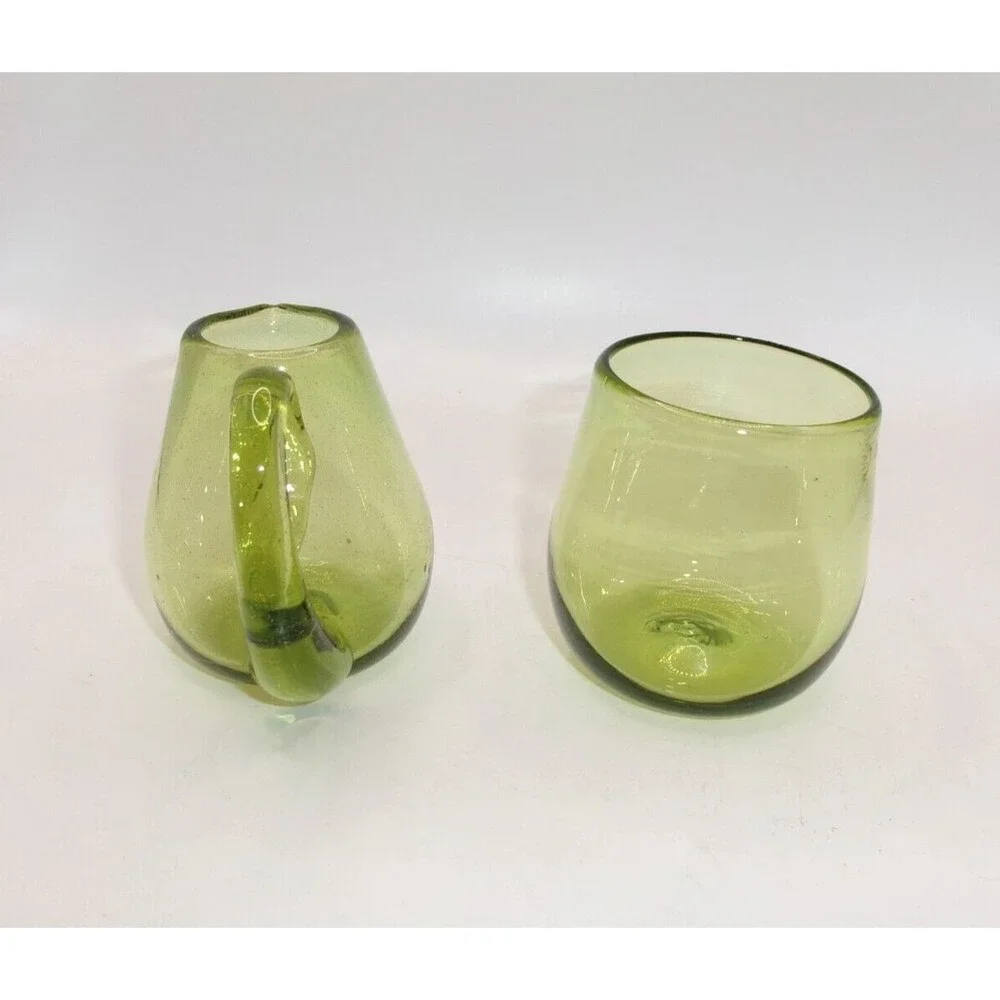 Vtg Green Glass Creamer & Open Sugar Jar Applied Handle Blown Glass Pontil 3 in